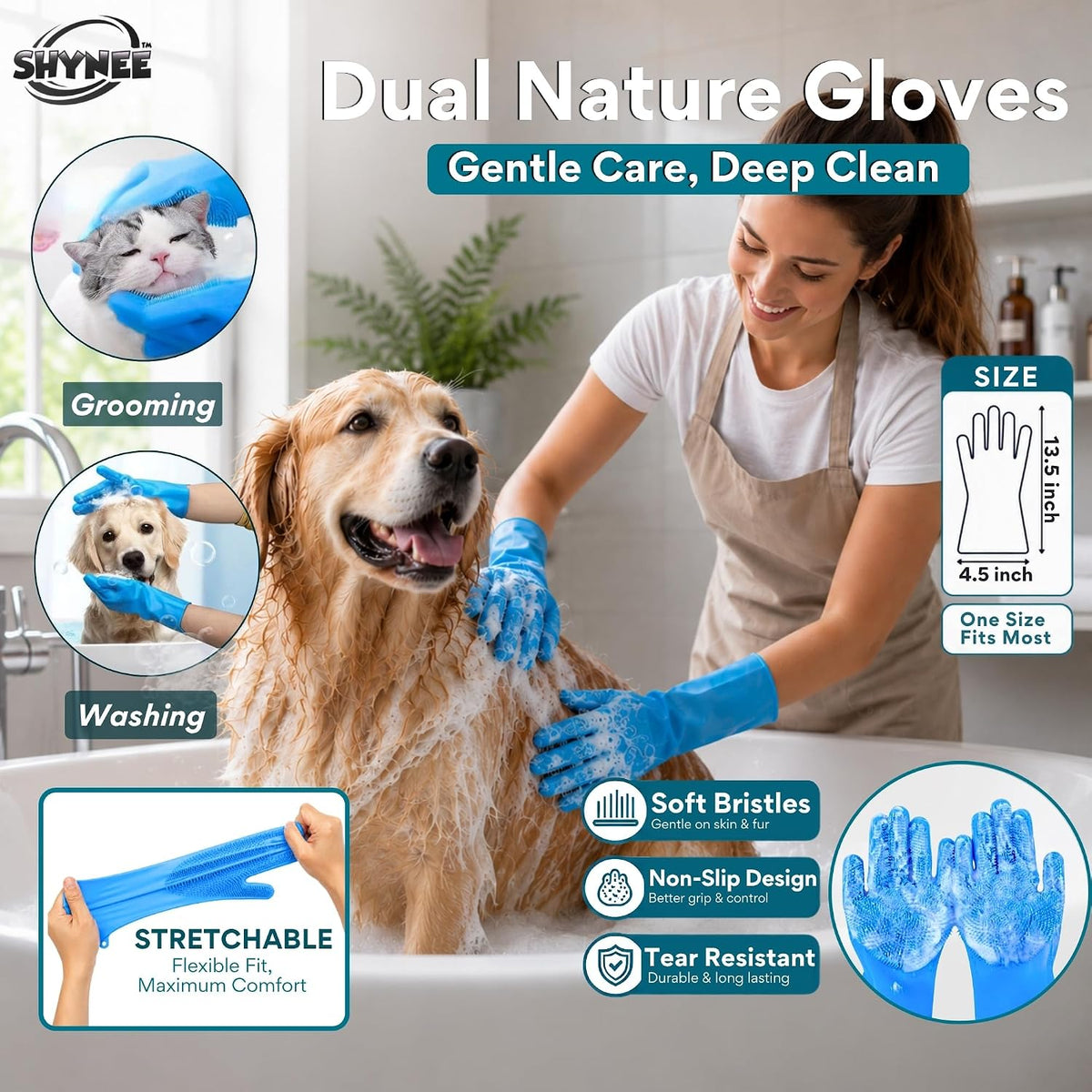 8Pcs Premium Quality Grooming & Bath Supplies for Dogs & Cats - Dog Shampoo Brush | Dog Washing Gloves | Adjustable Dog Bath Brush | Dog Paw Cleaner | Pet Hair Removing Brush, Massager | 2X Toothbrush