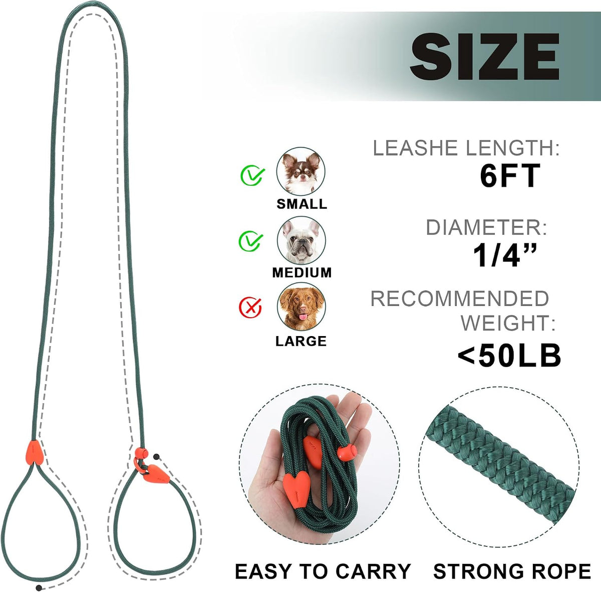Slip Lead for Dogs Dog Leash Dog Leash for Small Medium Dogs Puppy Leash 6FT 6 Colors Strong Nylon Dog Training Leash No Pull Rope (Green)