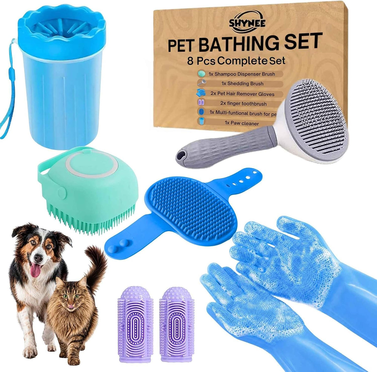 8Pcs Premium Quality Grooming & Bath Supplies for Dogs & Cats - Dog Shampoo Brush | Dog Washing Gloves | Adjustable Dog Bath Brush | Dog Paw Cleaner | Pet Hair Removing Brush, Massager | 2X Toothbrush