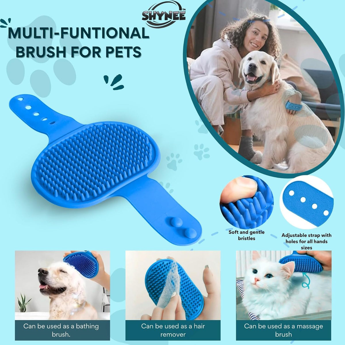 8Pcs Premium Quality Grooming & Bath Supplies for Dogs & Cats - Dog Shampoo Brush | Dog Washing Gloves | Adjustable Dog Bath Brush | Dog Paw Cleaner | Pet Hair Removing Brush, Massager | 2X Toothbrush